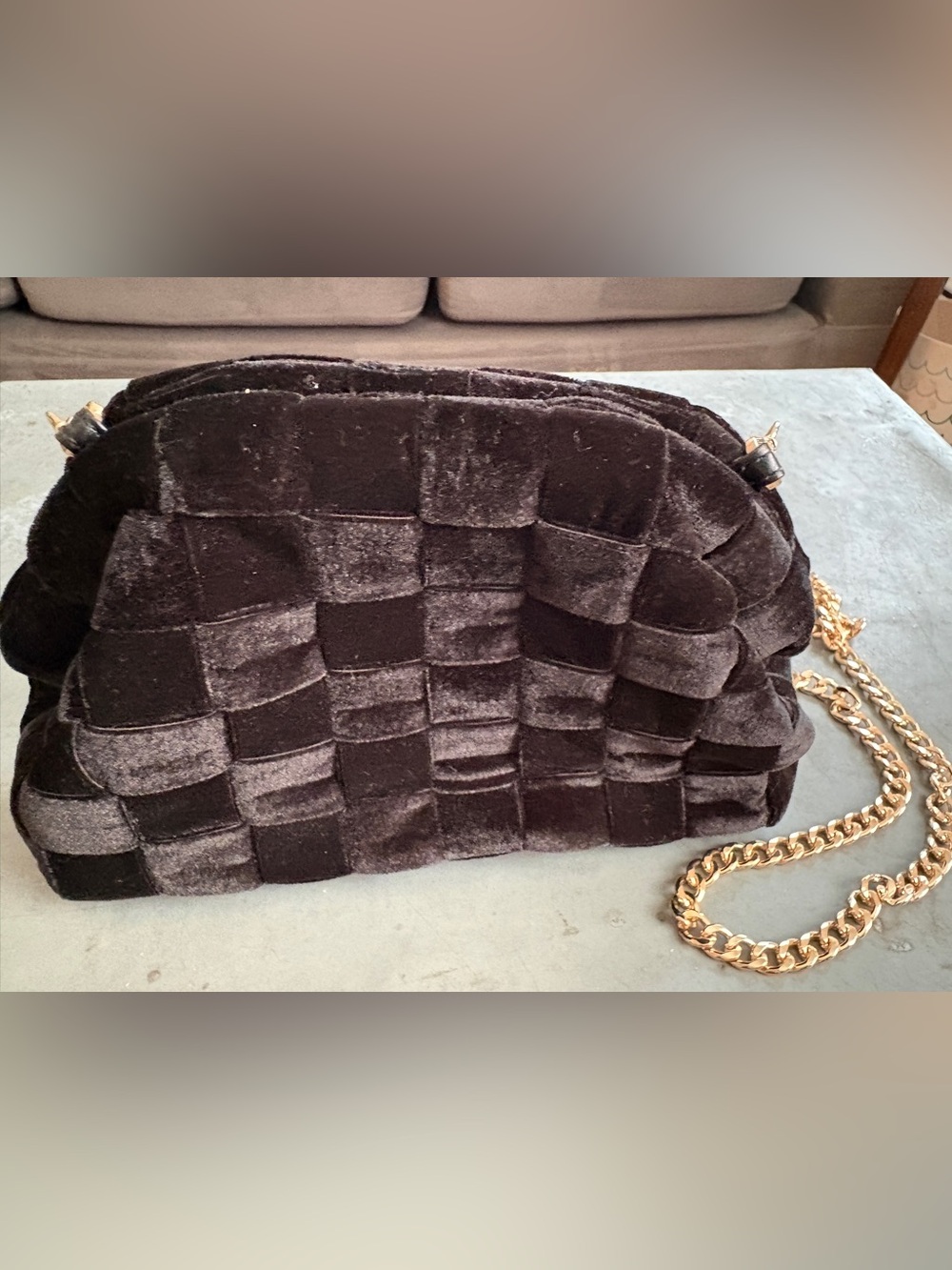 Anthropologie Woven Velvet Clutch in Dark Brown with Gold Chain